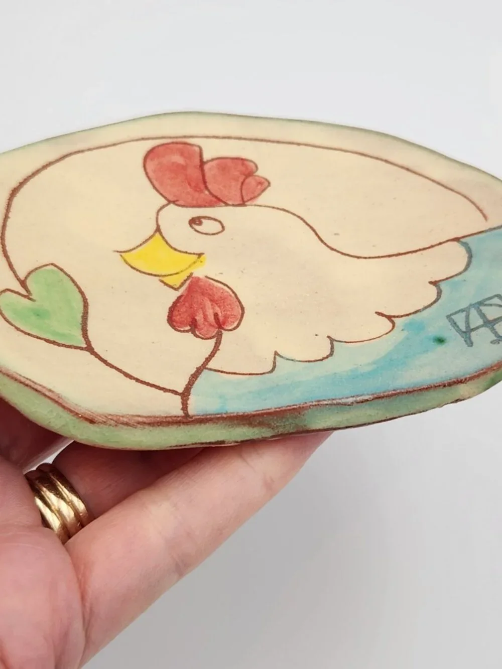 Handmade Ceramic Soap Dish/ Plate Chicken Illustration Hand Painted ~6x4.5in